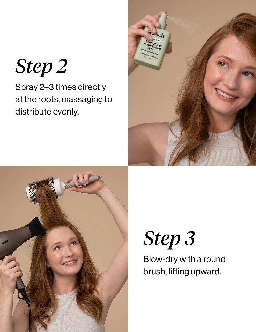 Step 2: Spray 2–3 times directly at the roots, massaging to distribute evenly. Step 3: Blow-dry with a round brush, lifting upward.