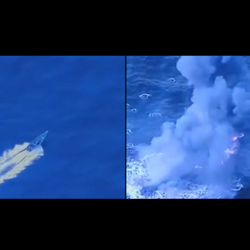 Two images, one of a boat and the other of an explosion on the water.