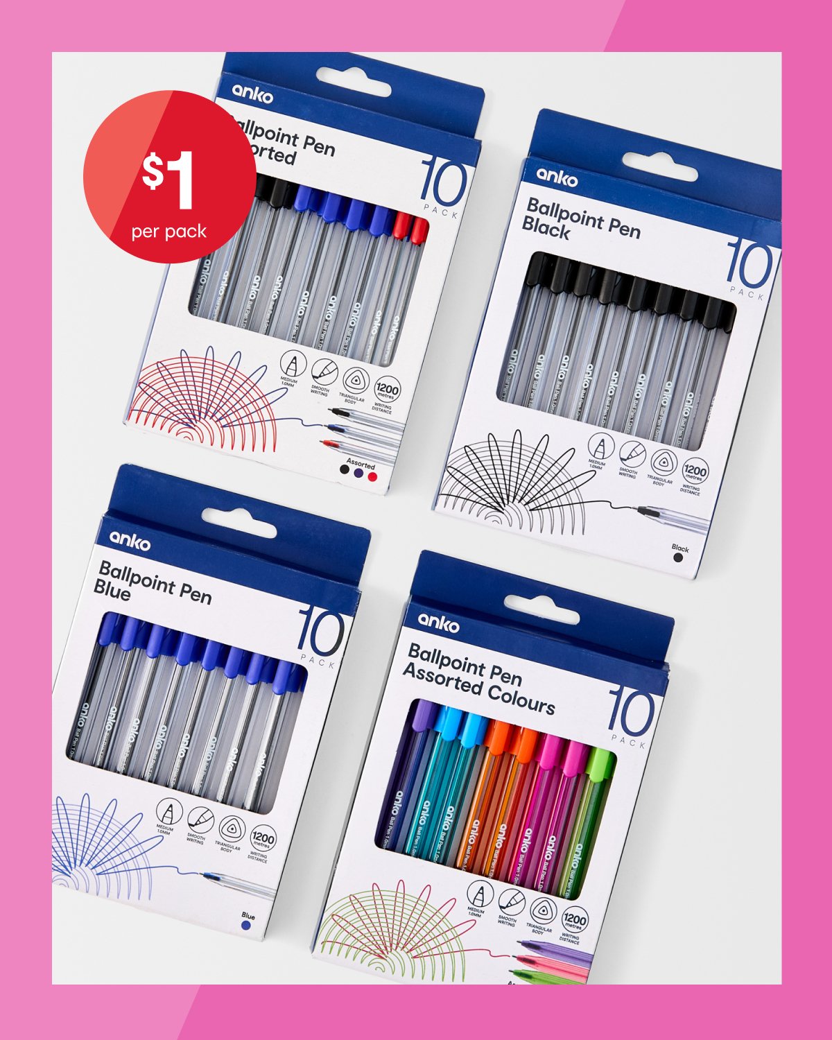 Ballpoint pen 10 pack $1 per pack.