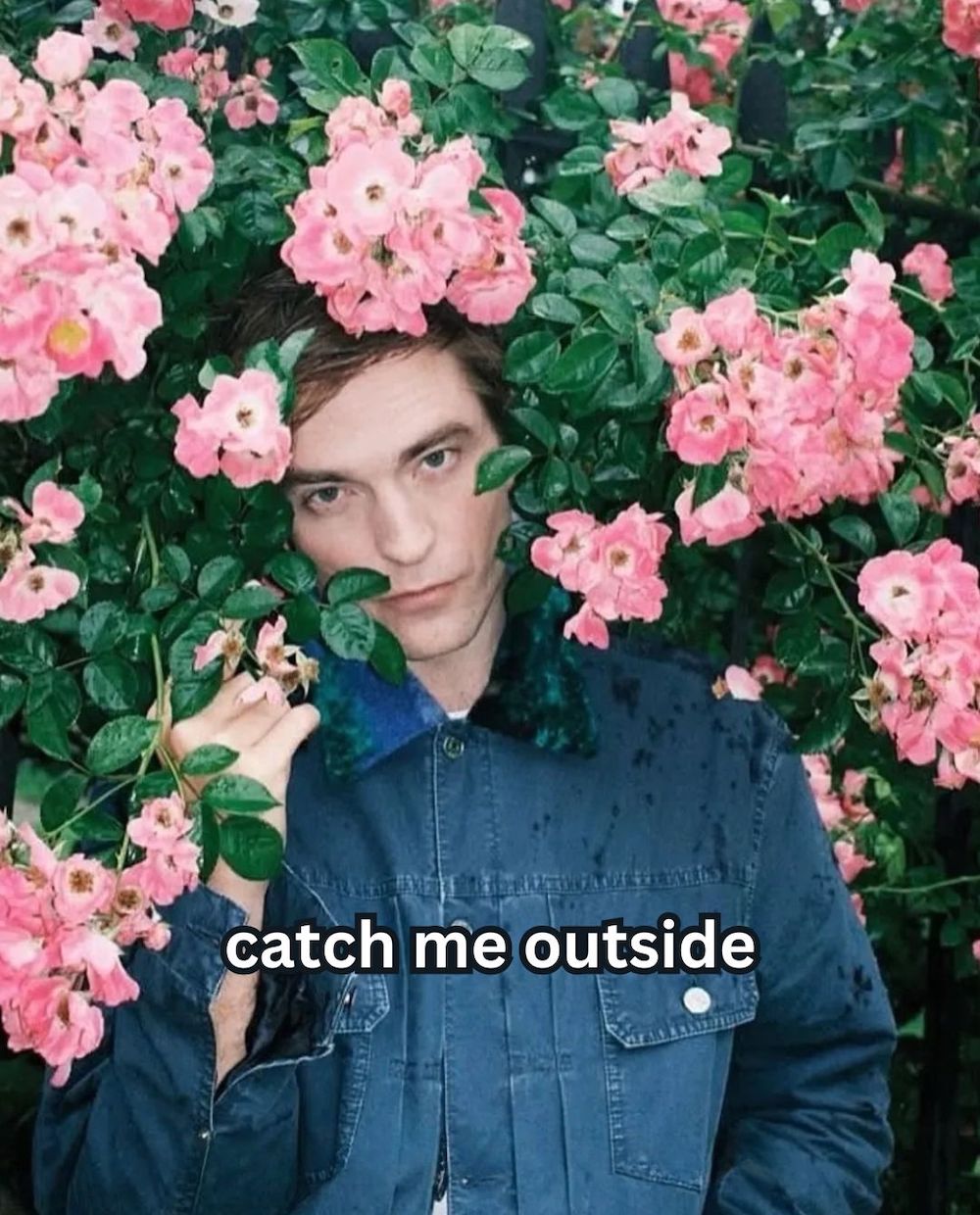 Robert Pattinson standing under a tree, his face surrounded by pink flowers. Text says: catch me outside. 