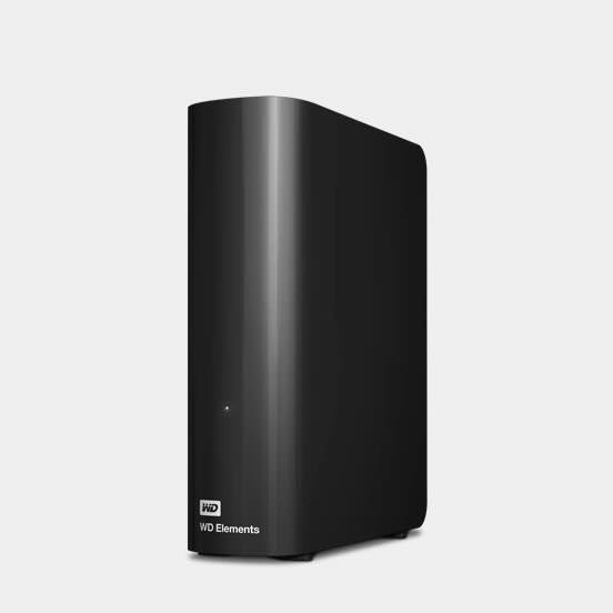 A Western Digital Elements external hard drive, black and rectangular with rounded edges, displaying the WD logo.