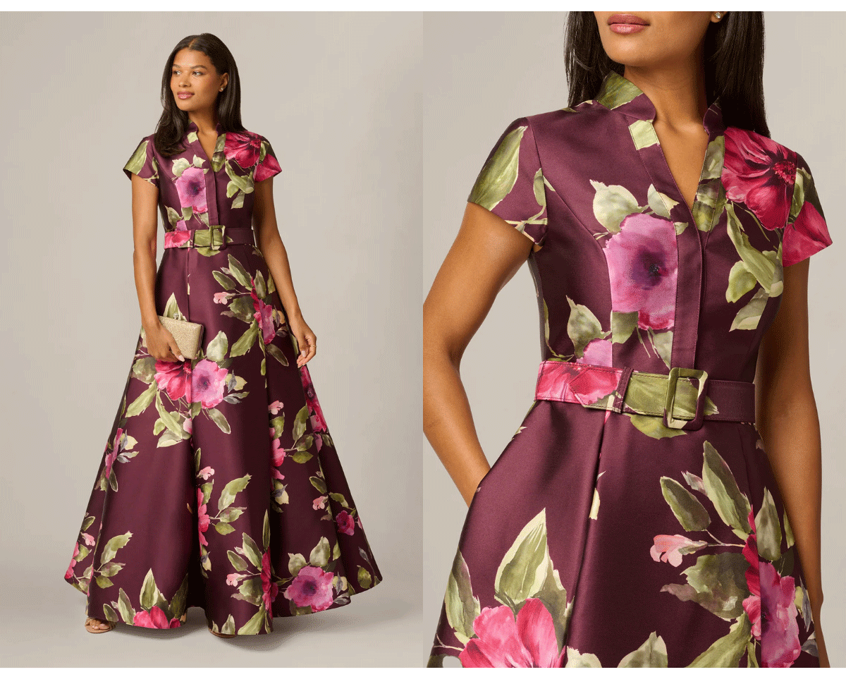 Short Sleeve Magnolia Floral Ballgown In Wine Multi