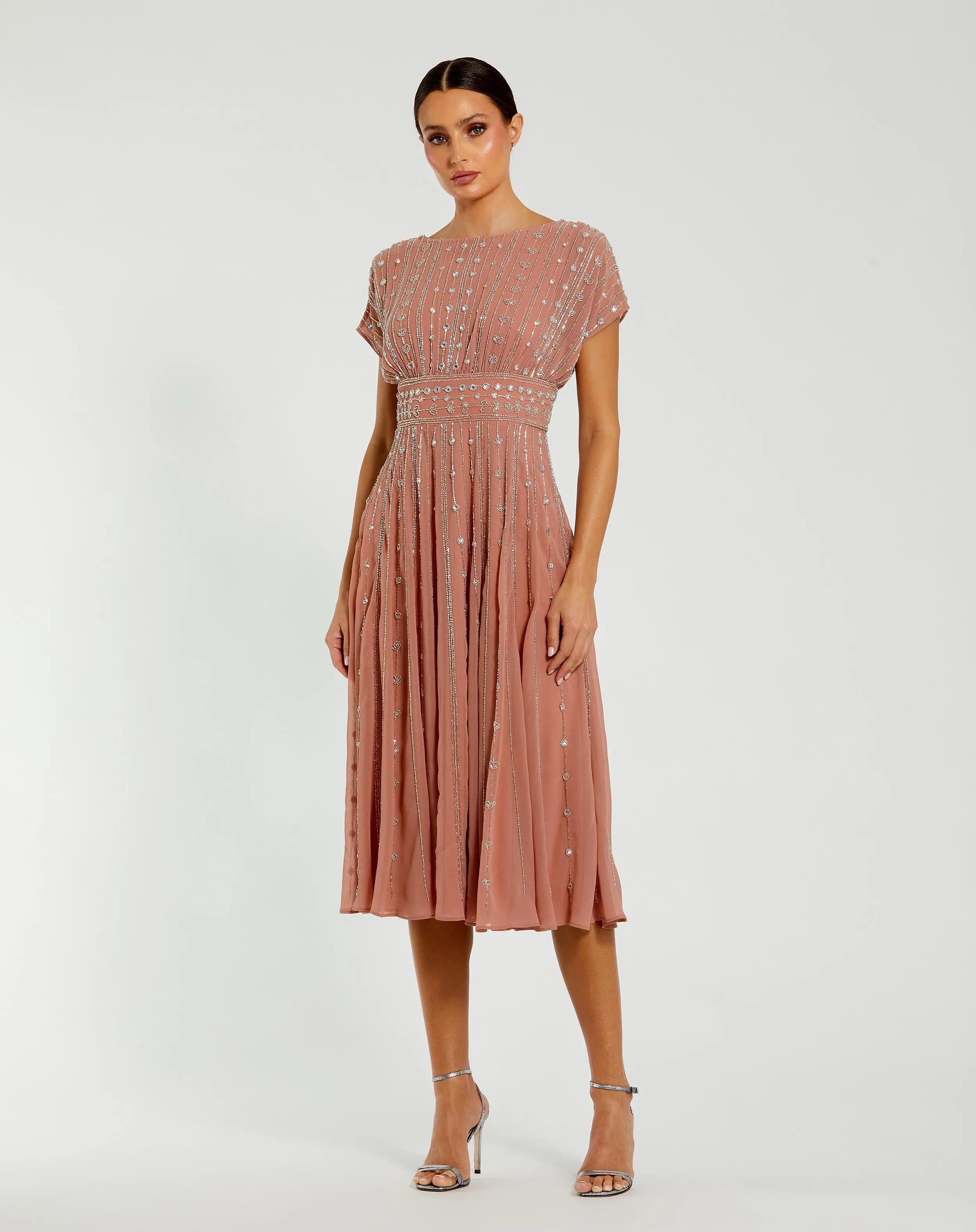 Image of Pink Embellished Short Sleeve Midi Dress