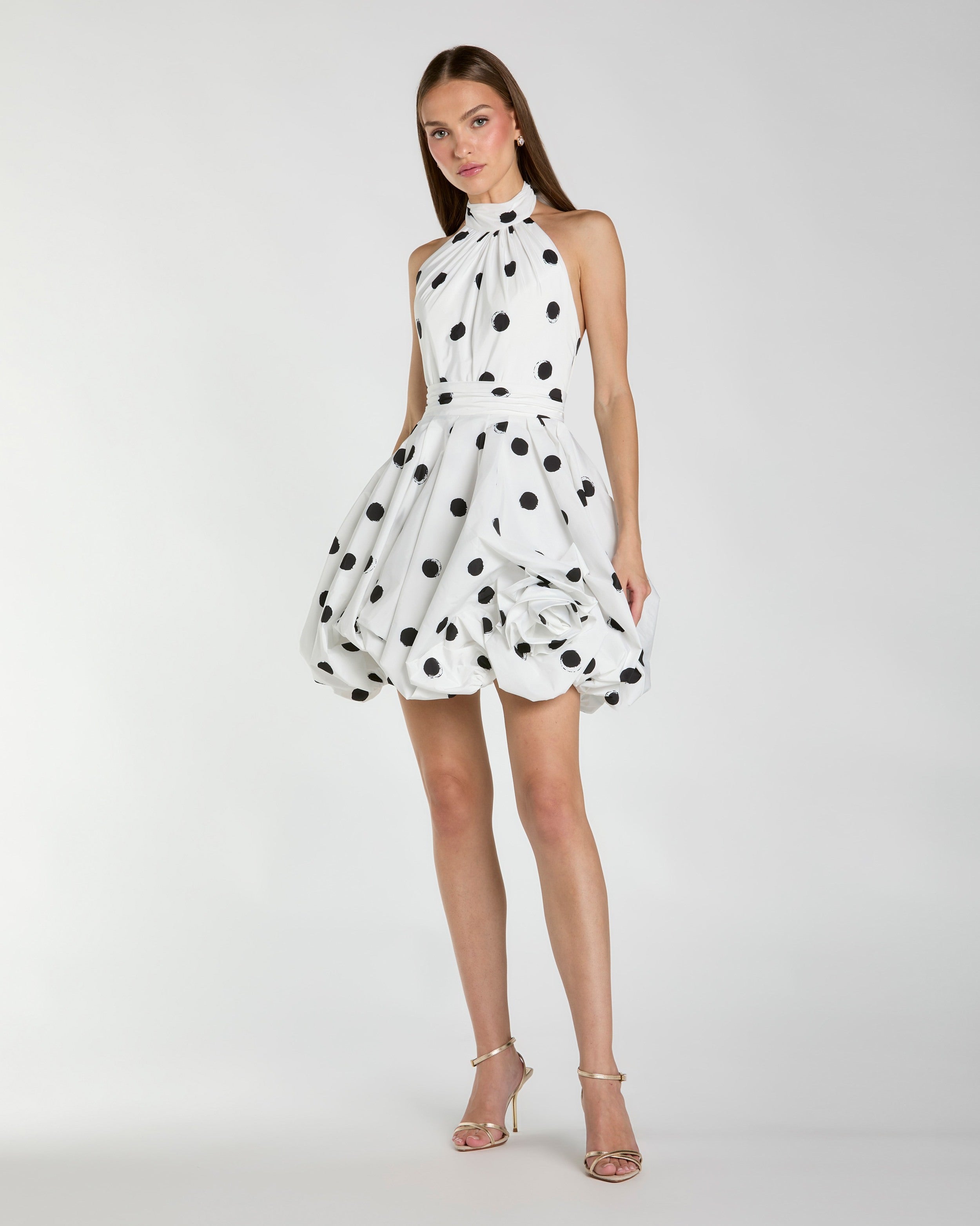 Image of White Polka Dot Halter Mini Dress with 3D Rose