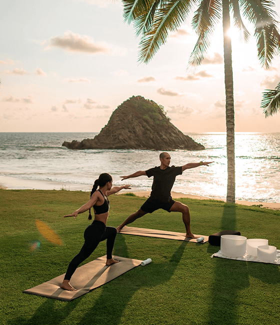 Two people practicing yoga on a grassy area by the ocean, with a picturesque island and palm tree in the background.