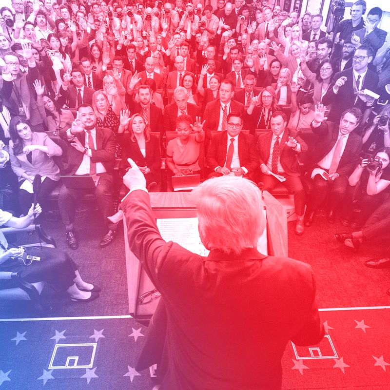 Trump pointing his finger at a crowd of reporters in a press conference with a red and blue overlay.