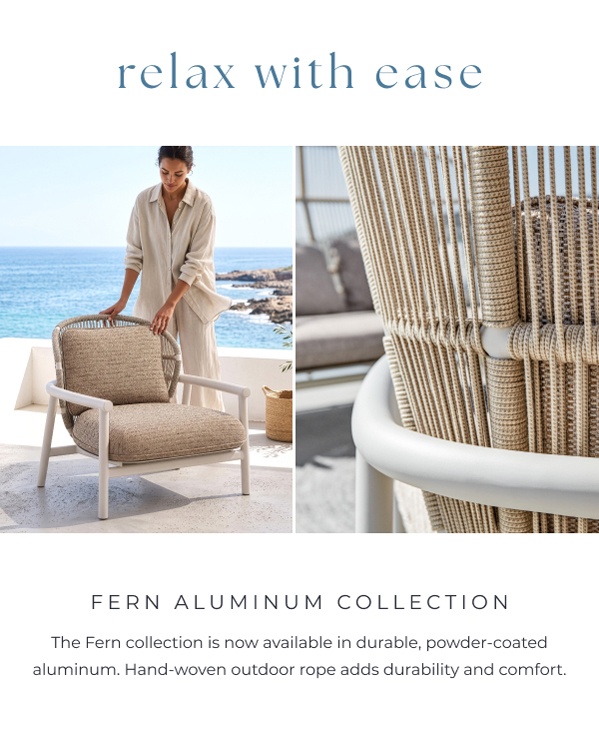 Woven rope outdoor armchair with cushion. Image Text: relax with ease FERN ALUMINUM COLLECTION The Fern collection is now available in durable, powder-coated aluminum. Hand-woven outdoor rope adds durability and comfort.