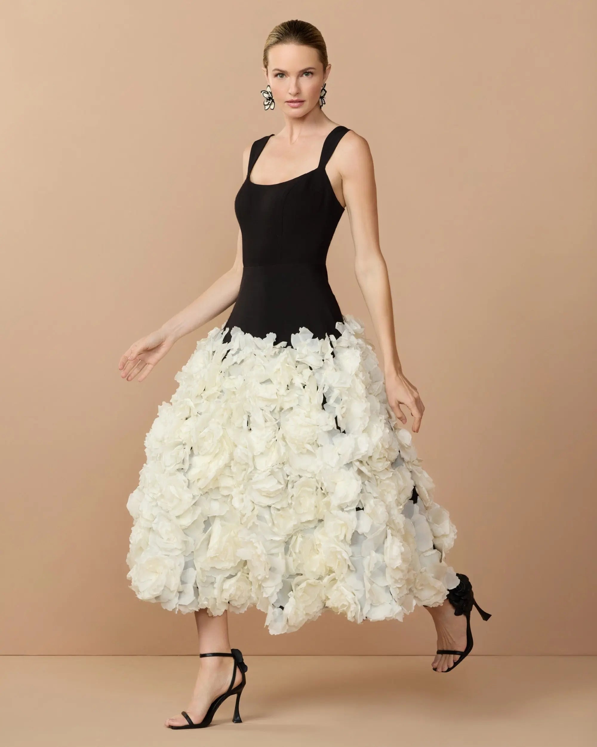 Image of Black Sleeveless A-Line Midi Dress With 3D Floral Skirt