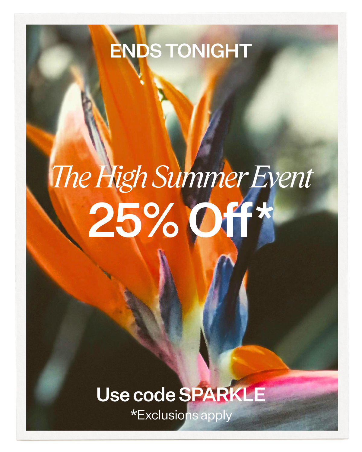 ENDS TONIGHT The High Summer Event 25% Off * Use code SPARKLE *Exclusions apply