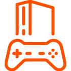 Orange outline of a gaming console and controller.