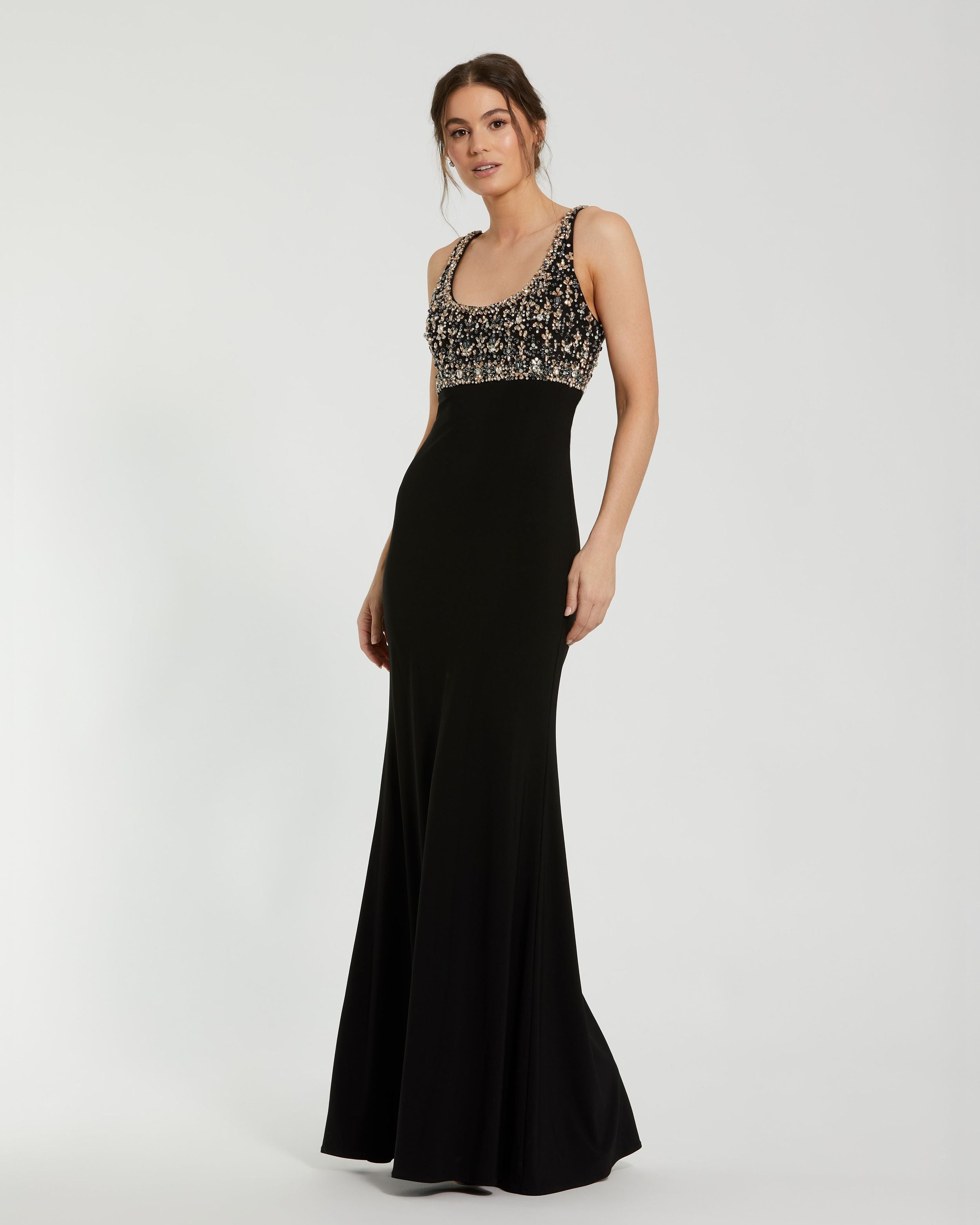 Image of Black Sleeveless Scoop Neck Embellished Jersey Gown