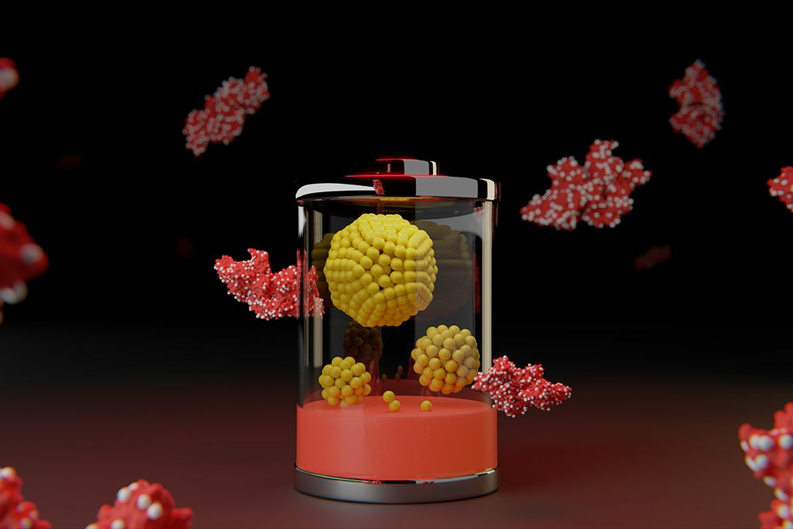 An illustration symbolizes new battery technology: Proteins (red) hold tiny clusters of metal (silver)