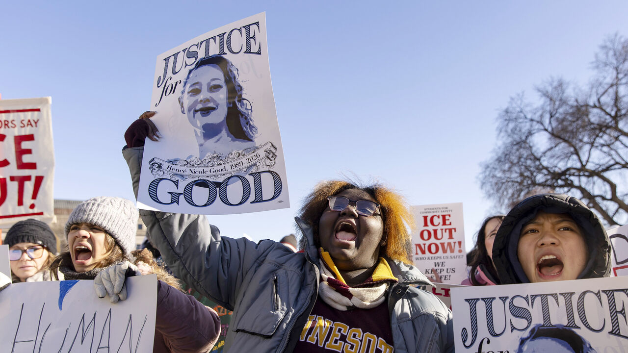 Protesters in front of the Minnesota State Capitol calling for justice for Renee Good.