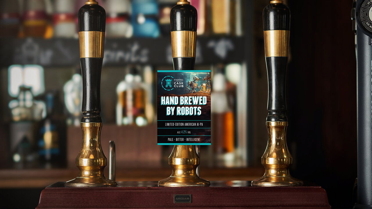 Beer pump showing St Austell's Hand Brewed by Robots beer. 