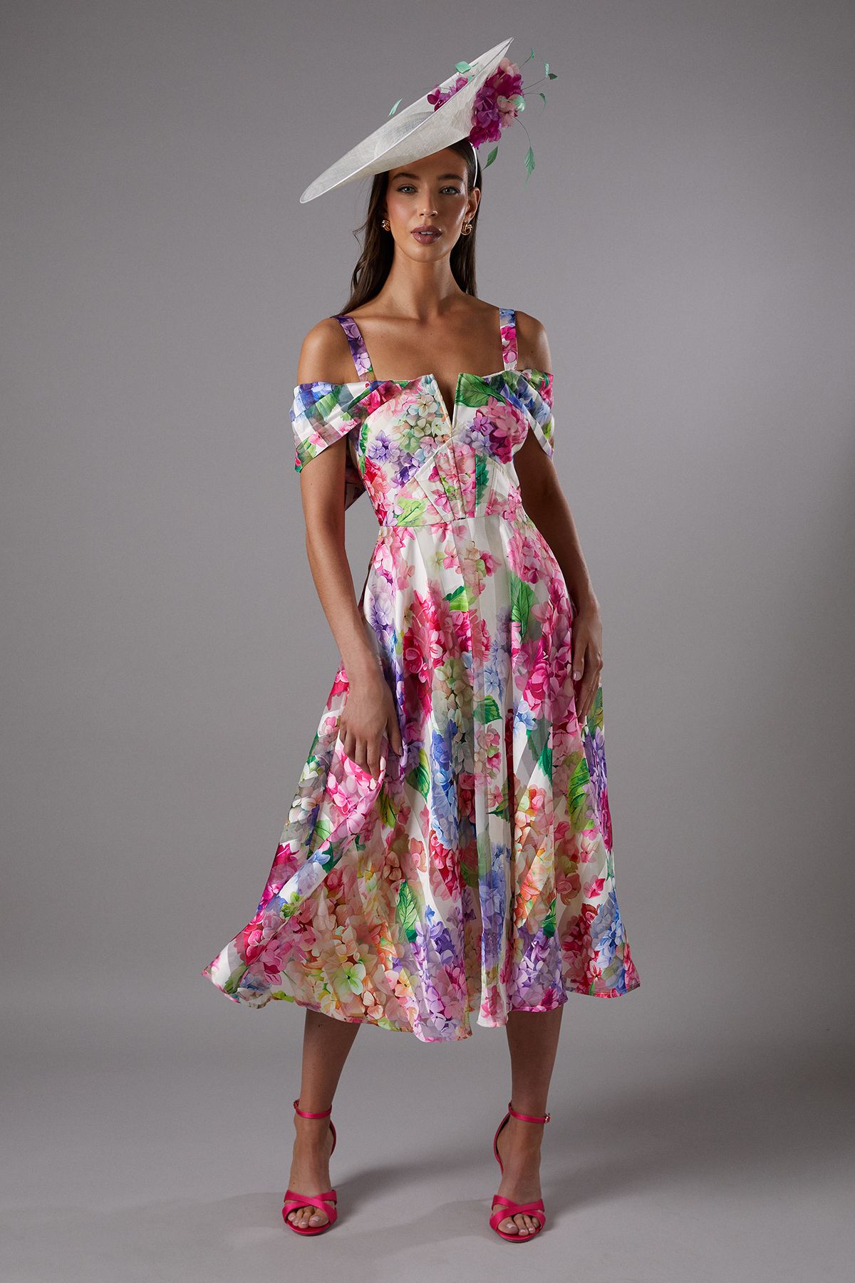 Lisa Tan Printed Organza Bardot Midi Dress
