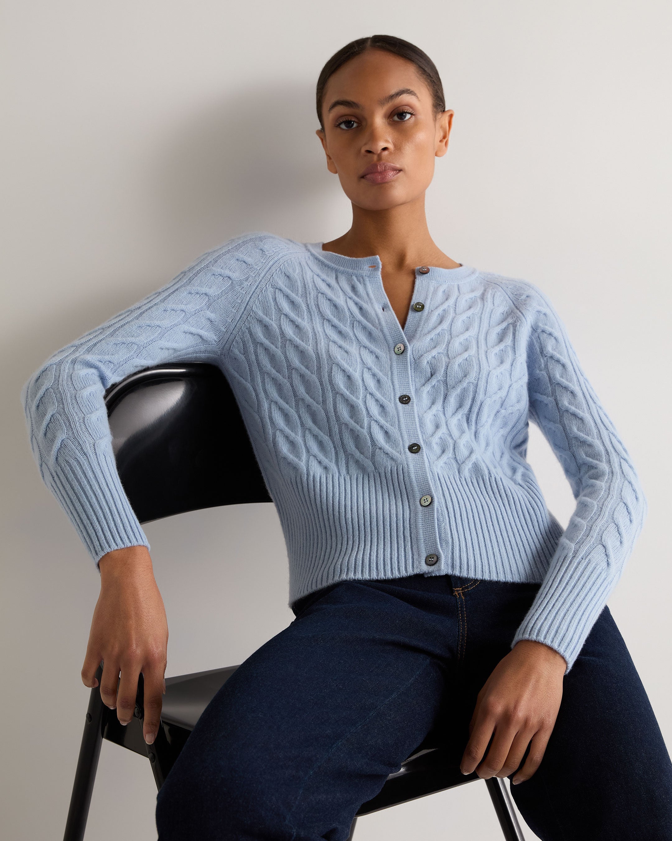 Image of Women's Myla Cable Cashmere Cardigan Sea Mist Blue