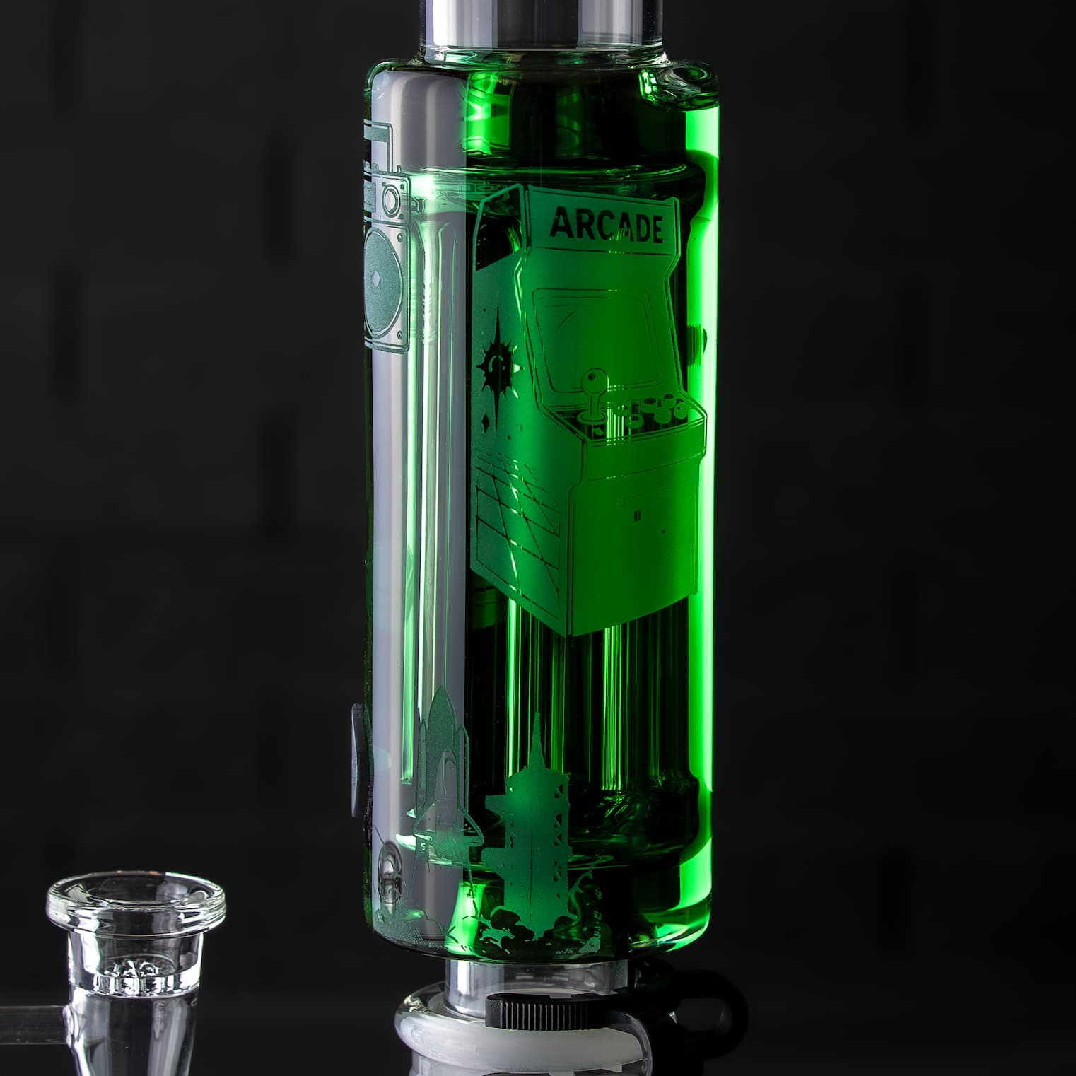 Green Drop 3 glycerin chamber with arcade-inspired engraved artwork