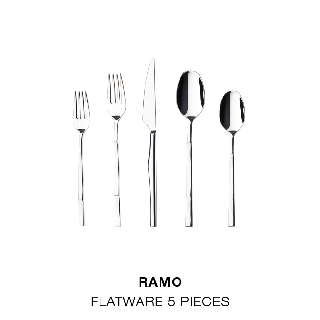 Ramo flatware 5-piece sets in Polished, Brushed and Brushed Black finishes; Riviera dinner plate and hydrangea leaf dish; Margarida set of 6 recycled glass wine glasses