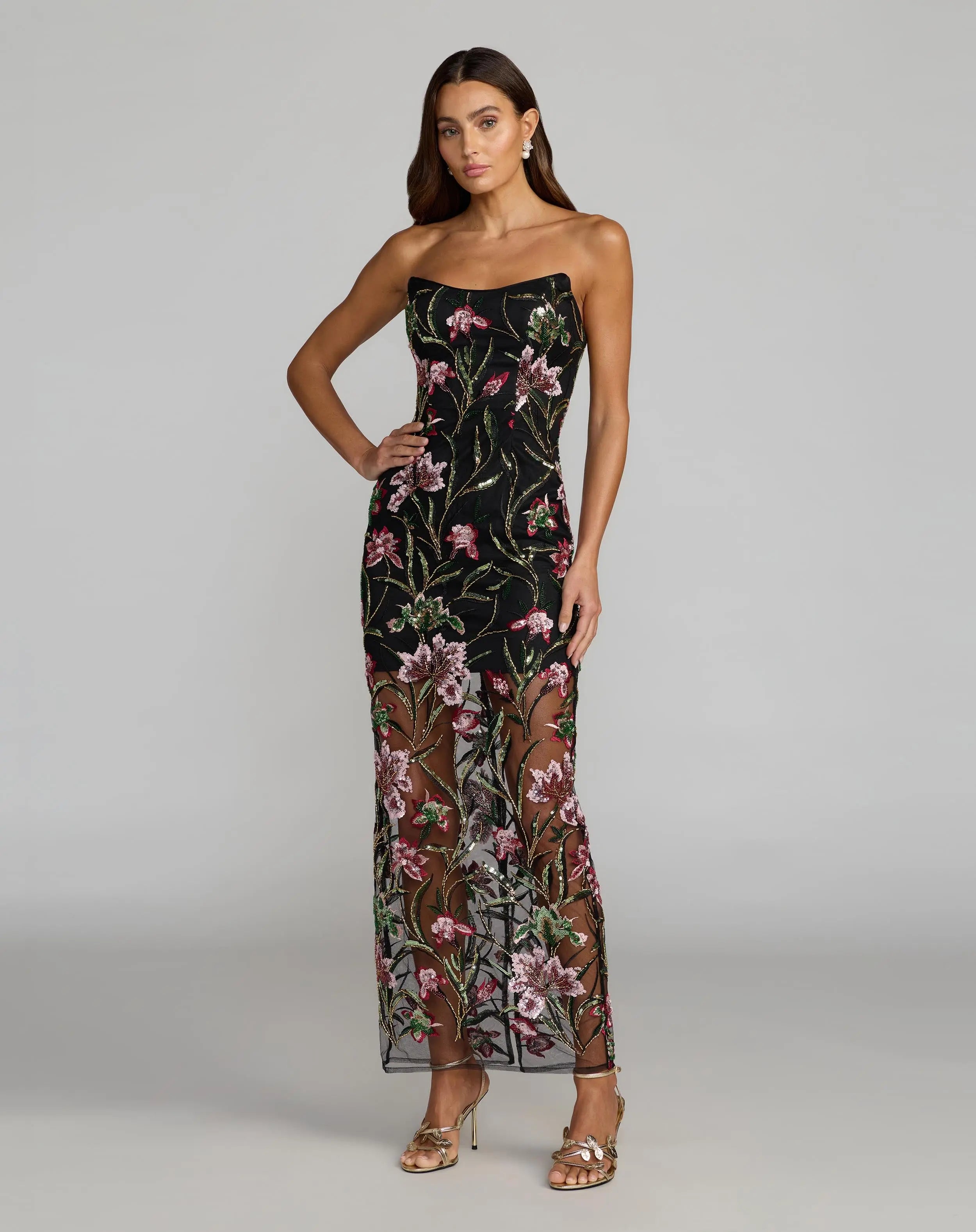 Image of Black Strapless Floral Embroidered Column Dress