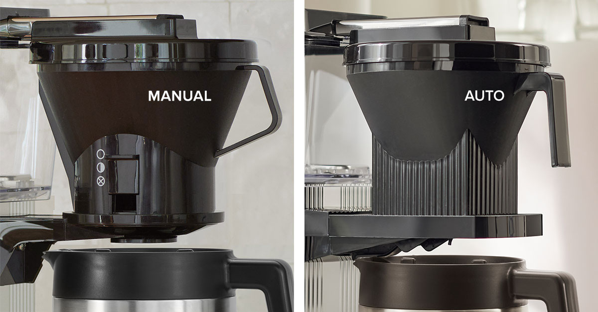 Image of a manual-adjust brew basket and an automatic drip-stop brew basket.