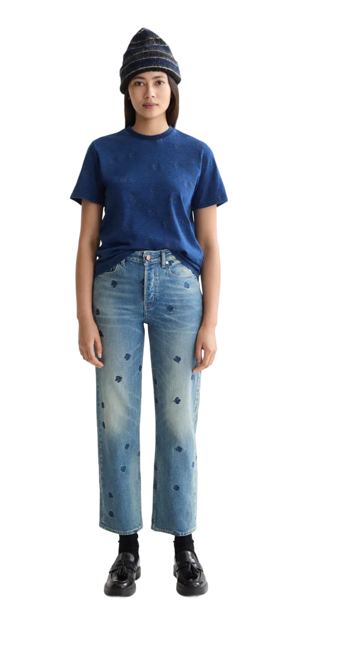 Washed Indigo Regular Fit T-Shirt With Allover Embroidery