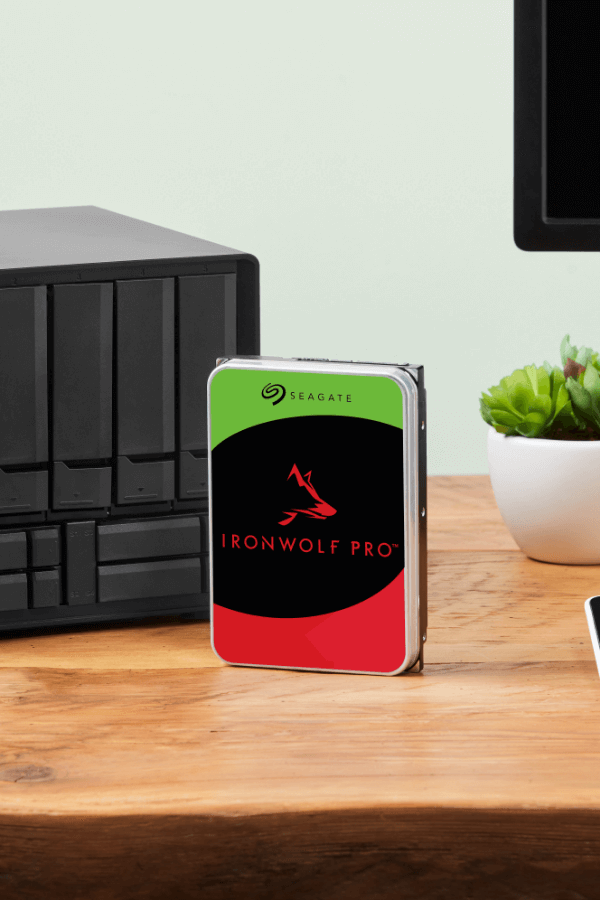 Seagate IronWolf Pro standing on a wooden desk in front of a NAS drivebay and a plant.