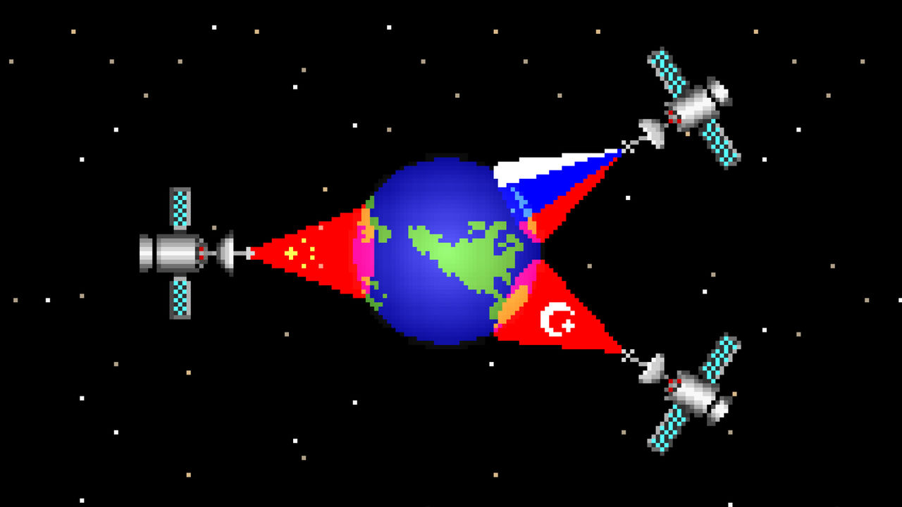 An pixel art illustration of the globe with satellites shining the colours of the China, Russia and Turkey flags. 