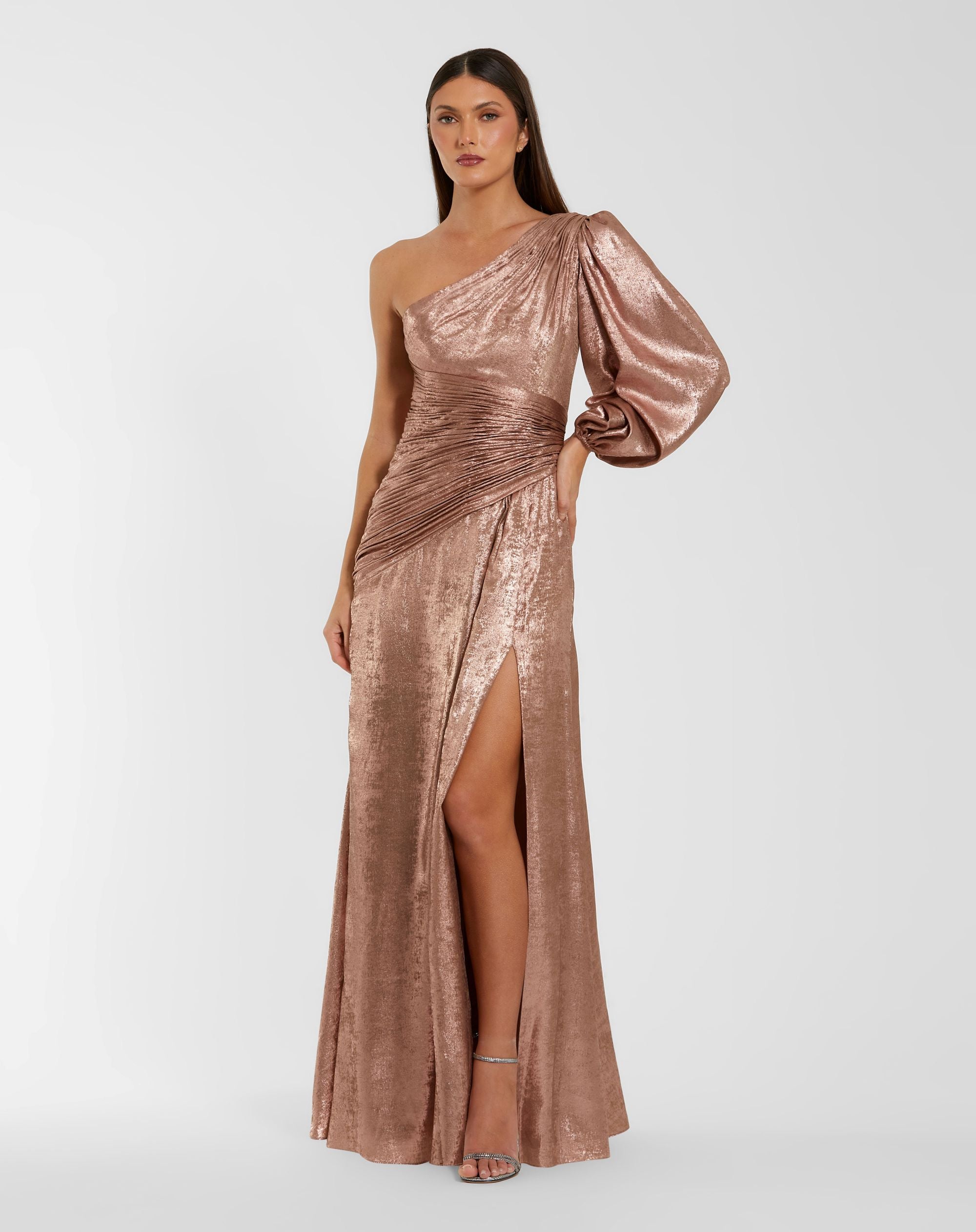 Image of Pink One Shoulder Metallic Gown With Slit