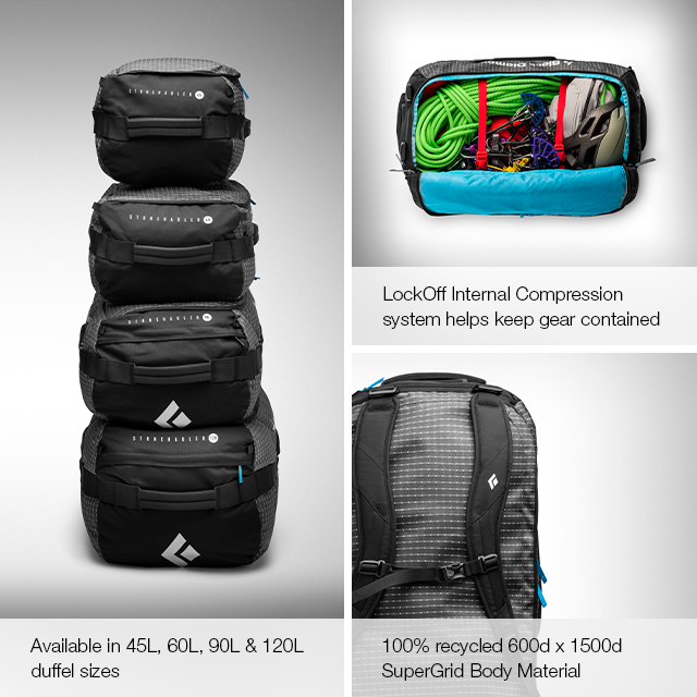 Available in 45L, 60L, 90L, 120L duffel sizes. LockOff internal compression system helps keep gear contained.