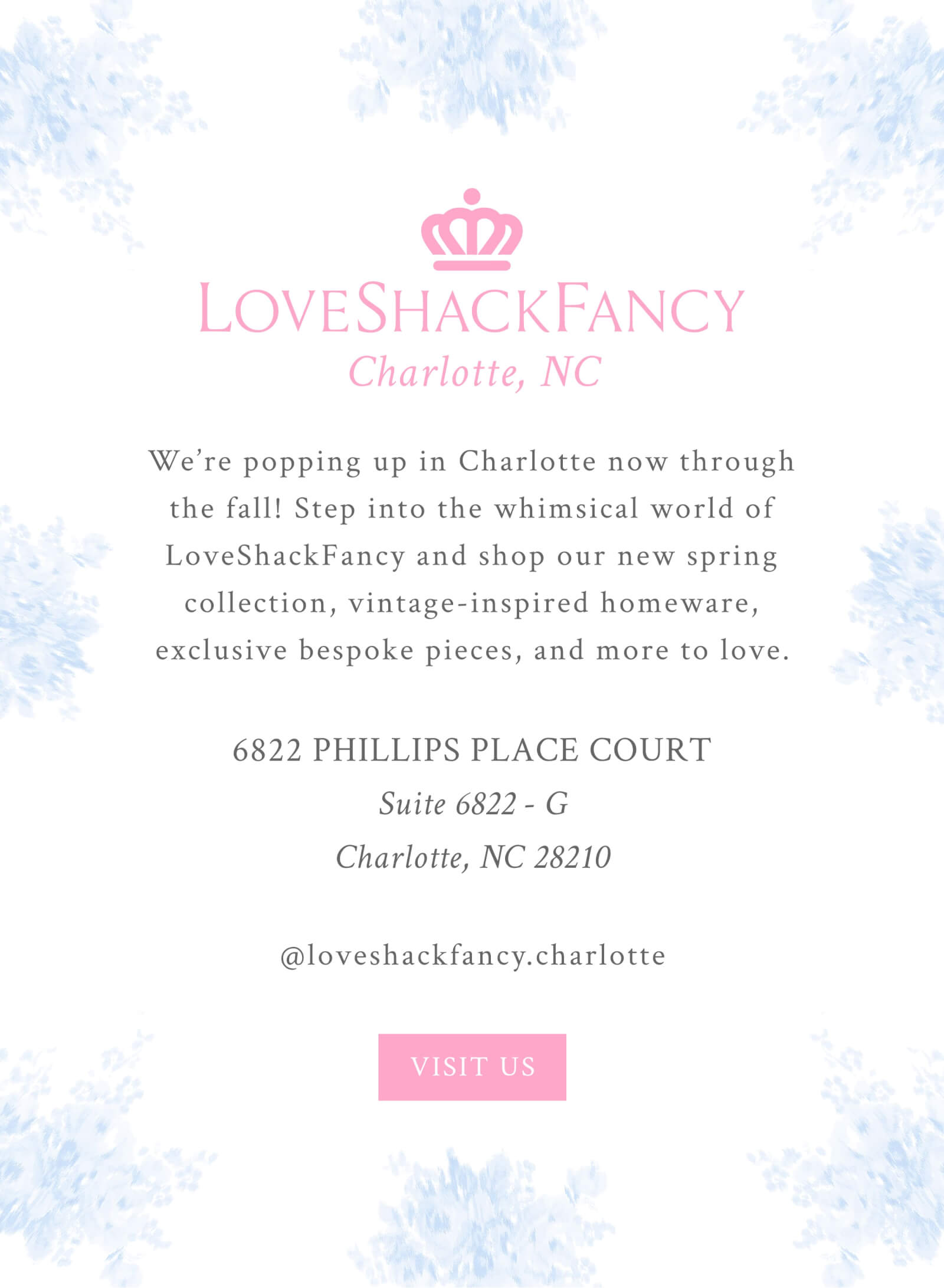 LoveShackFancy Charlotte, NC  We’re popping up in Charlotte now through the fall! Step into the whimsical world of LoveShackFancy and shop our new spring collection, vintage-inspired homeware, exclusive bespoke pieces, and more to love.  6822 Phillips Place Court Suite 6822 - G Charlotte, NC 28210 @loveshackfancy.charlotte <VISIT US> 