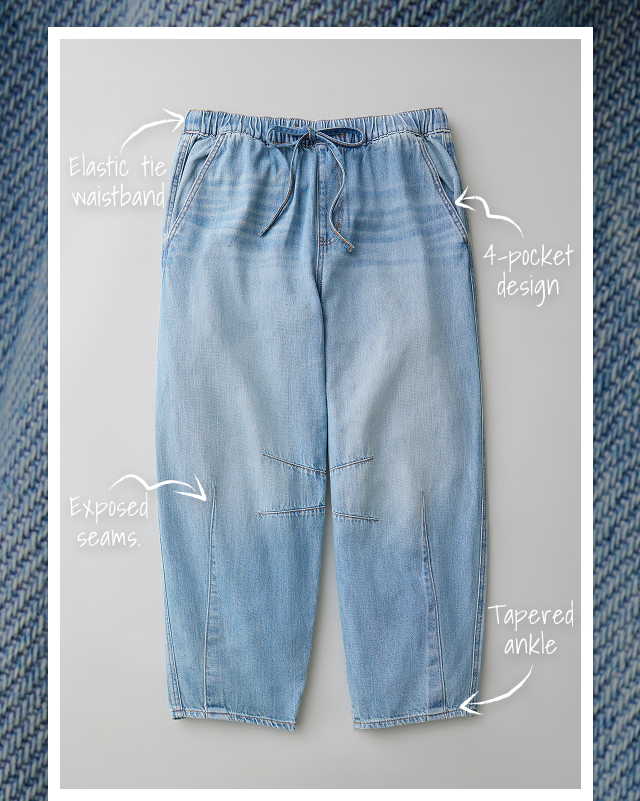 Elastic tie waistband | 4-pocket design | Exposed seams | Tapered ankle 