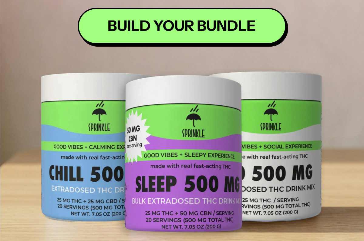 Three THC drink mixes labeled Chill, Sleep, and a bundle offer with vibrant colors.