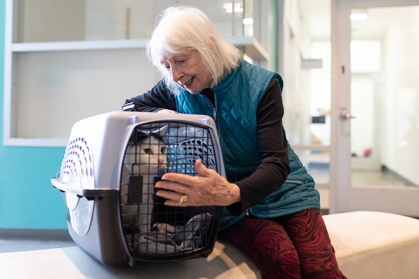 Woman looking at cat in carrier