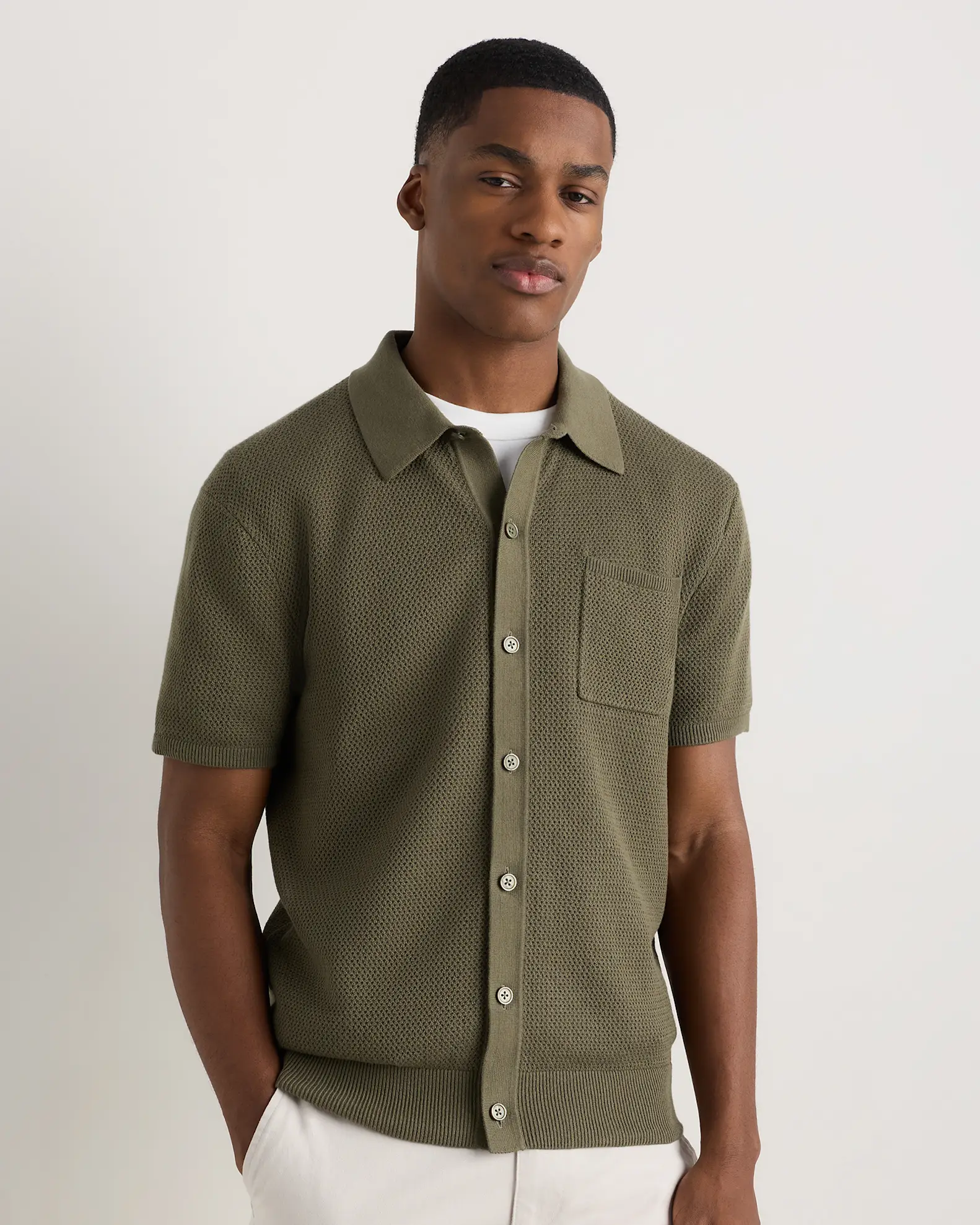 100% Organic Cotton Mesh-Stitch Button-Up Sweater Polo