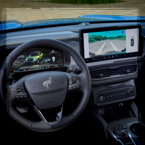 The steering wheel and touchscreen of a Ford Bronco Sport&reg; SUV