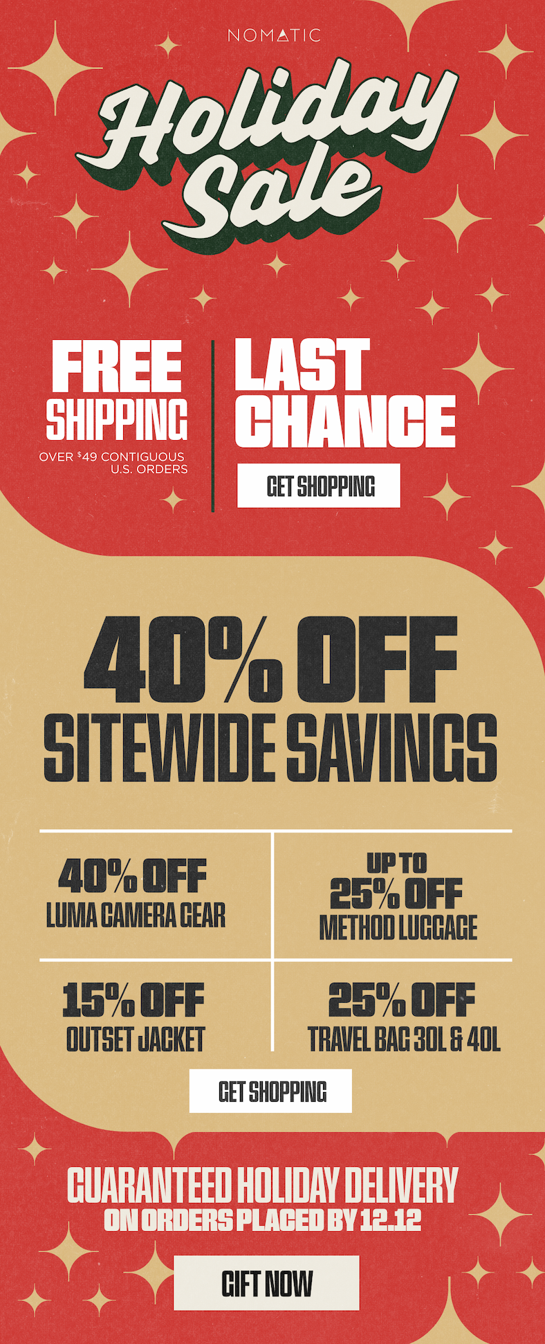 Nomatic Holiday Sale graphic on red background with gold star accents