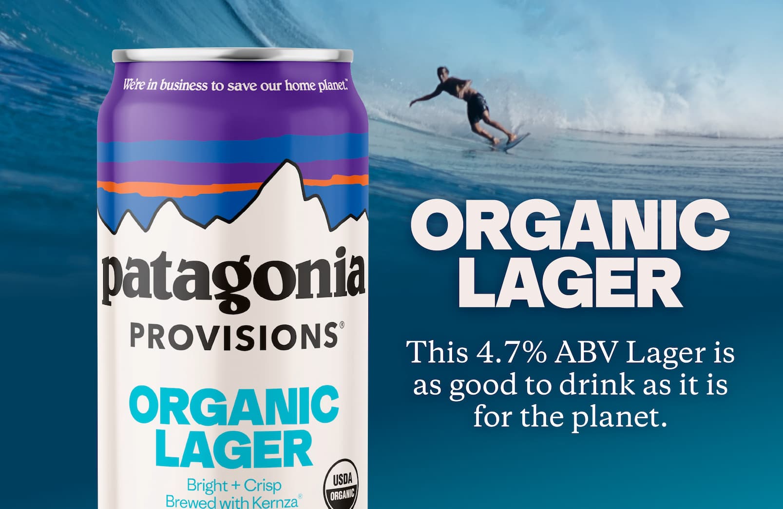 Image and details of Patagonia Provisions Organic Lager in front of a surf wave