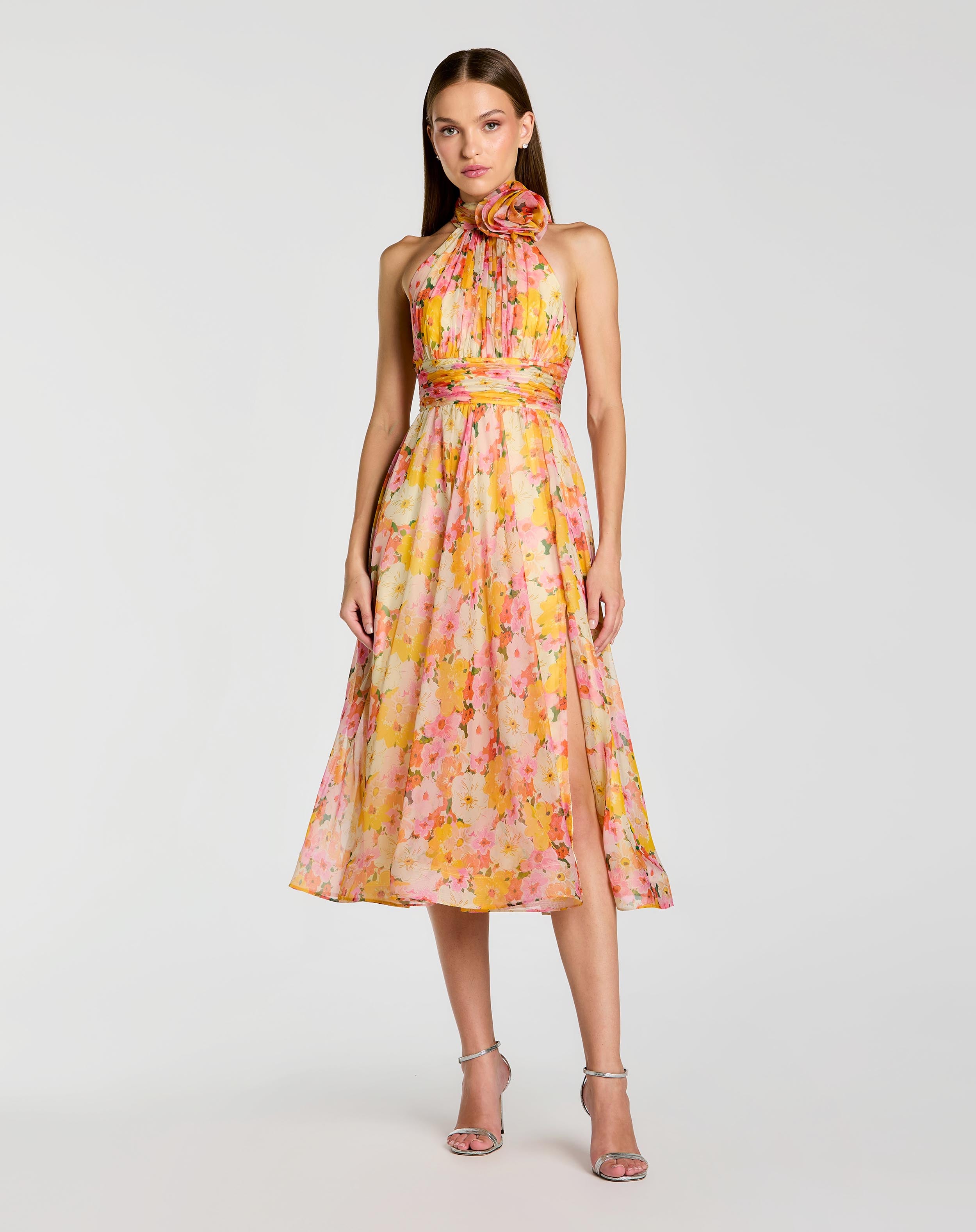 Image of Yellow Floral Halter Neck Midi Dress With 3D Flower