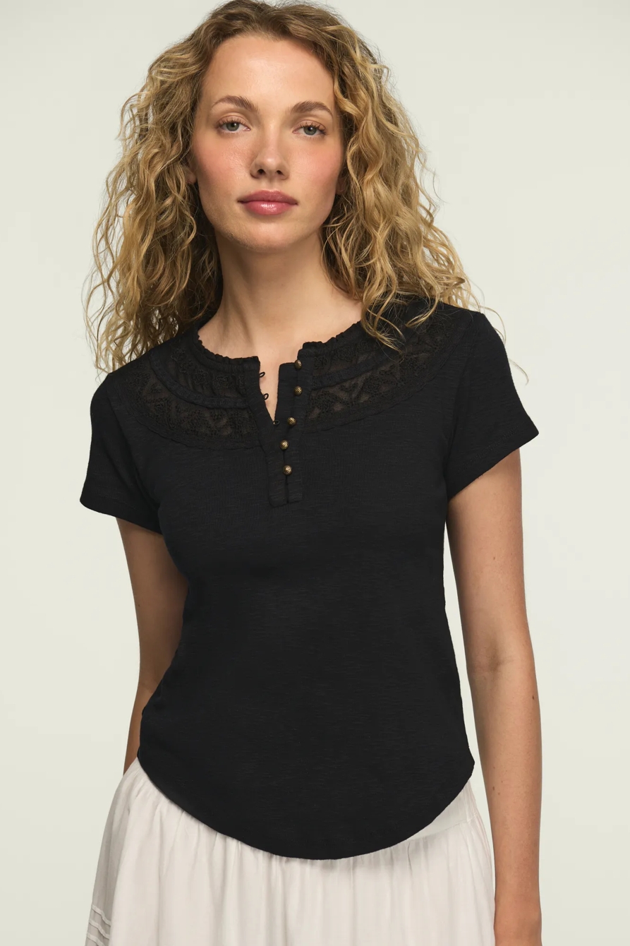 Image of Lucky Brand Embroidered Yoke Henley Tee - Women's Clothing Tops Shirts Tee Graphic T Shirts in Whisper White