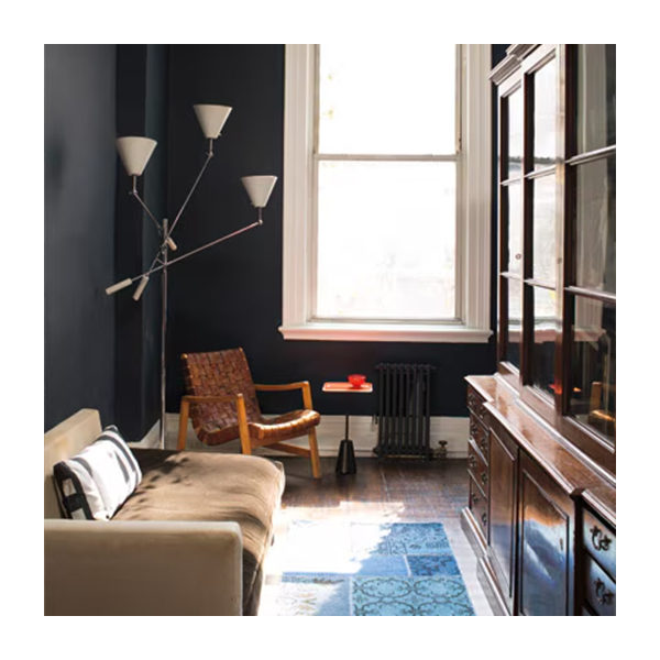 Deep blue painted walls in living room.