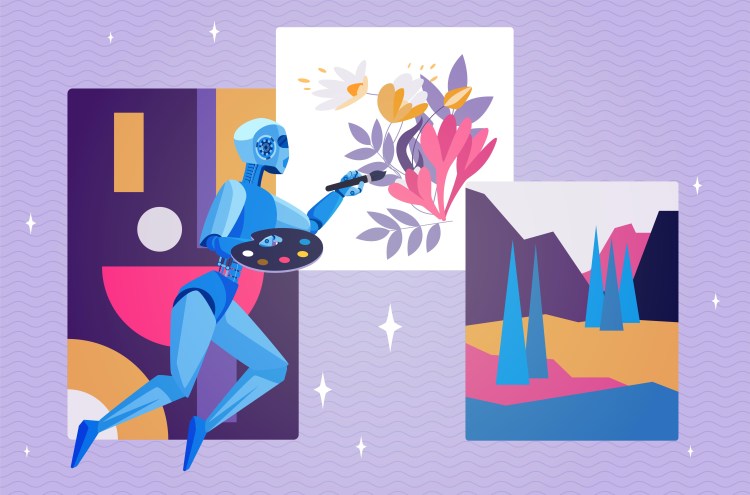 An illustration shows a robot hovering in front of a lavender wall, wielding a paintbrush at three separate canvases.