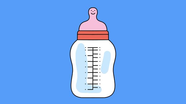 Baby bottle with measurement markings and a smiling pink nipple on a blue background.
