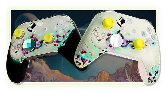 A front view of The Outer Worlds 2 controllers displayed in front of a canyon landscape.