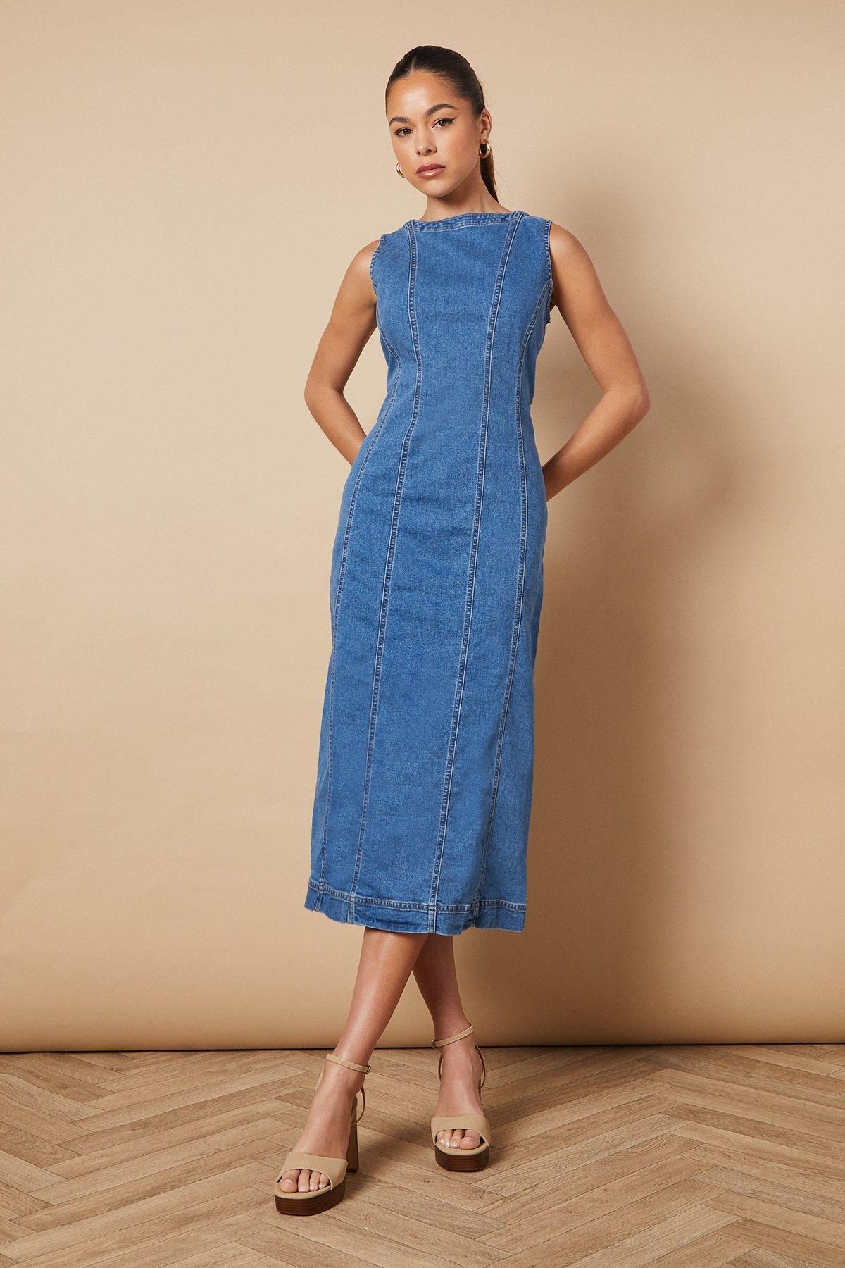 Sleeveless Denim Maxi Dress With Seam Detail