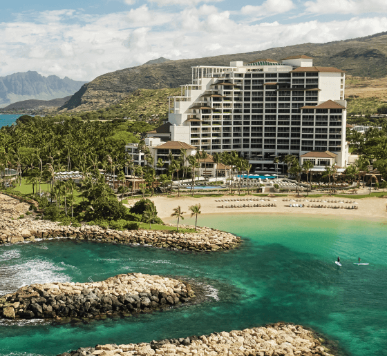 Large coastal resort with palm trees and a turquoise lagoon.