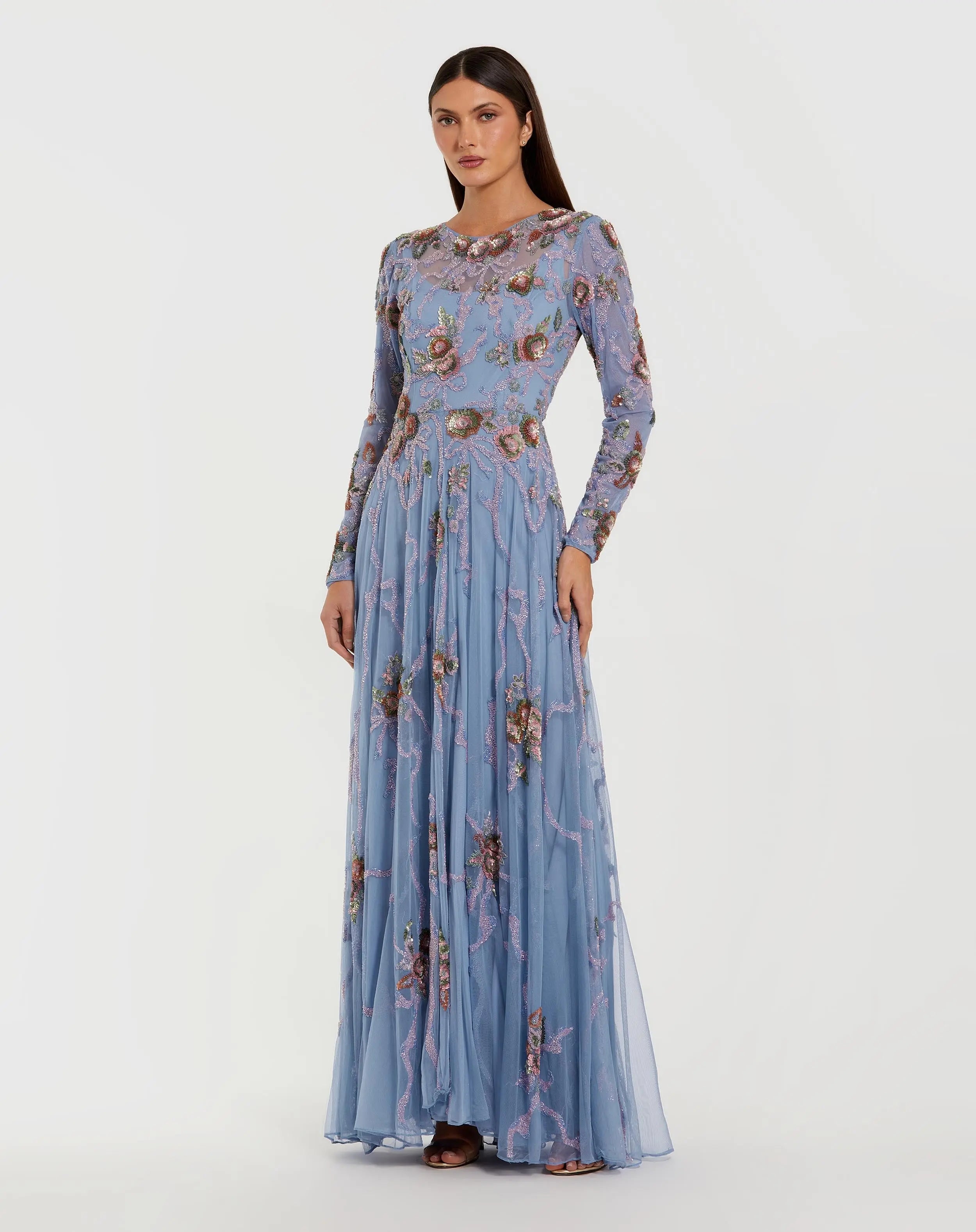 Image of Blue Floral Bow Beaded Long Sleeve Gown