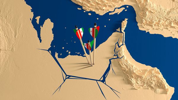 An illustration showing a reilef map the United Arab Emirates breaking away from the continent. There are three Iranian arrows planted in the centre of the UAE.