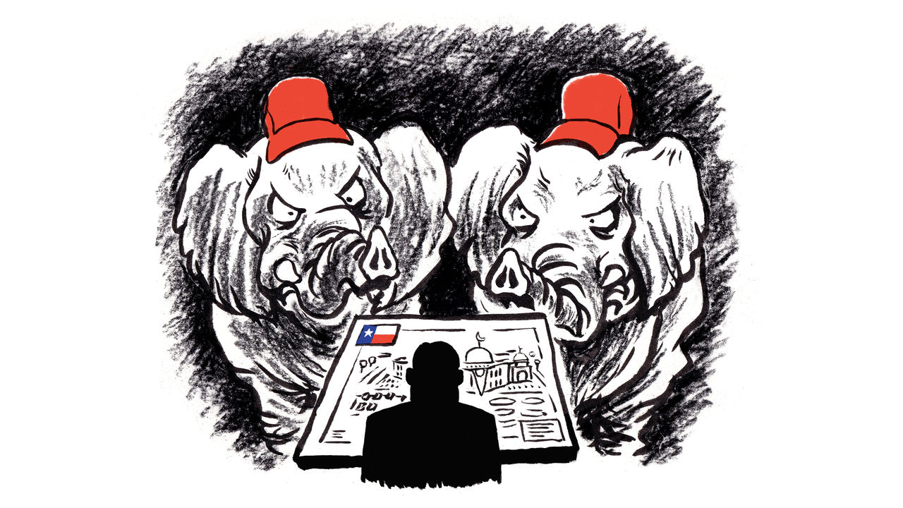 cartoon of a person facing a table with documents, while two angry elephants in red hats loom behind, creating a tense atmosphere.