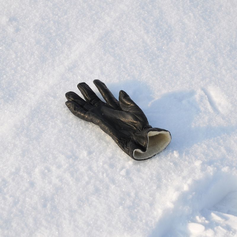A single leather glove in the snow.