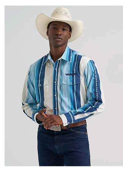 Men's Wrangler® Logo Long Sleeve Striped Shirt